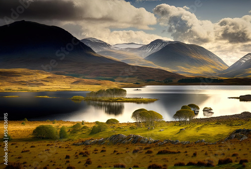 mountains and meadows surround the lake loch tulla in the United Kingdom. Generative AI photo