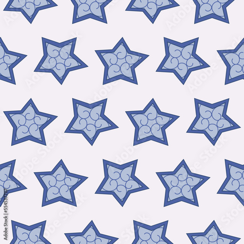 Seamless pattern of blue stars with a winter pattern on a light background. Stars with a frosty pattern of squiggles. Wrapping paper for gifts. Children s drawing of a star. Vector illustration