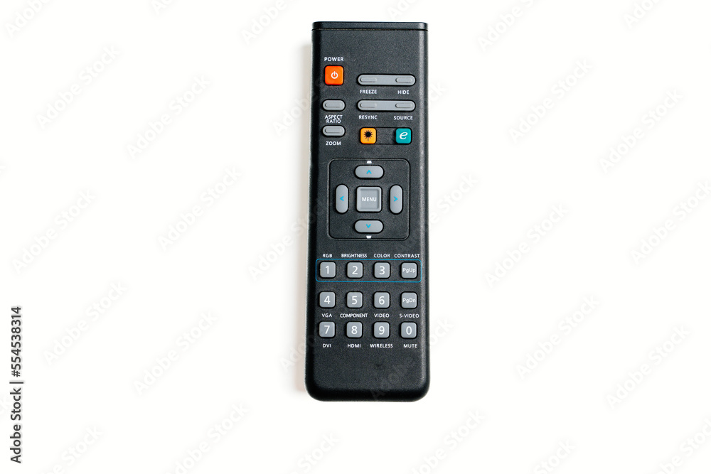 black remote control for home video projector on a white background. black remote control for home video projector on a white background.