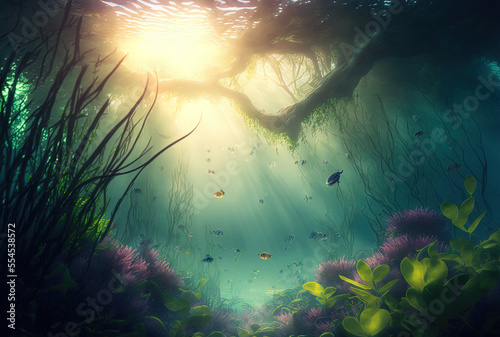 River underwater scene with sun rays and an abstract underwater scene with new ecosystem of plants. Generative AI