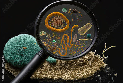 microscope examination of nematodes and fungus in relation to microorganisms and soil biology. in a sample of soil and compost. Generative AI photo