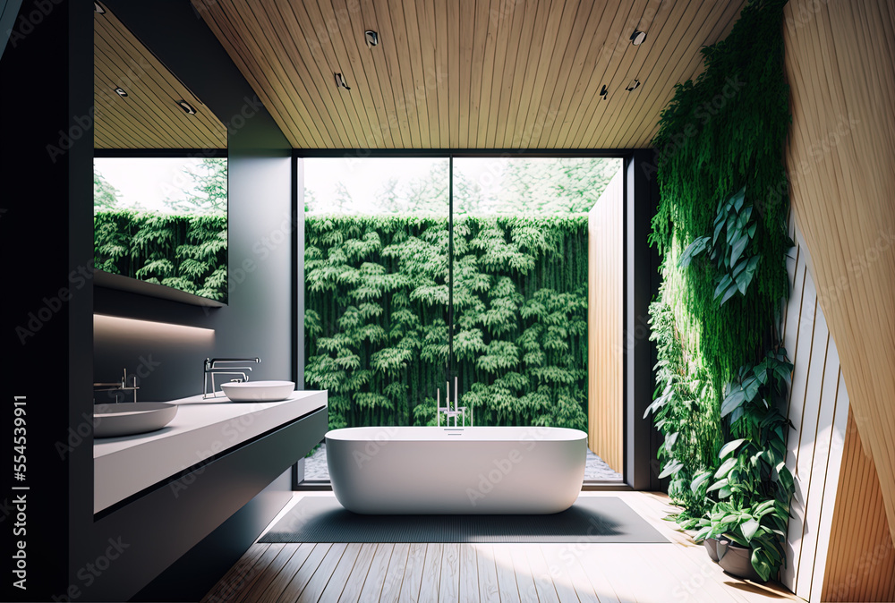 Fototapeta premium Close up of a wooden panel, a modern bathroom with a bathtub, a garden outside covered in ivy, and a wooden ceiling. Zen inspired minimalist interior design concept, modern architectural model