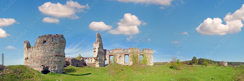 Spring view of Sydoriv Castle ruins (built in 1640s). Sydoriv village,  located 7 km south of Husiatyn, Ternopil region, Ukraine.