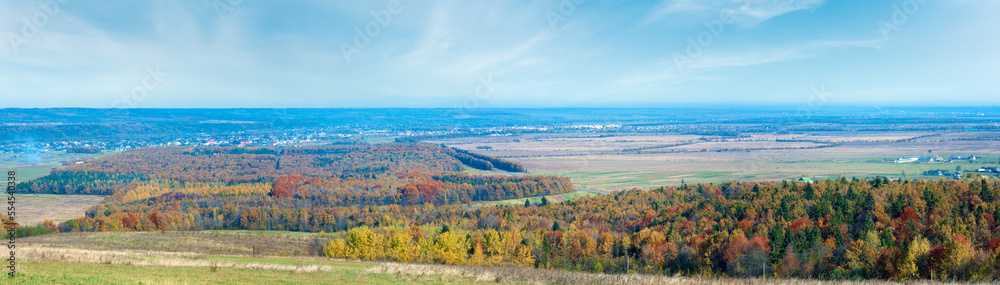 Misty morning autumn panorama and villages (Bogorodchany District, Ivano-Frankivsk Region, Ukraine)
