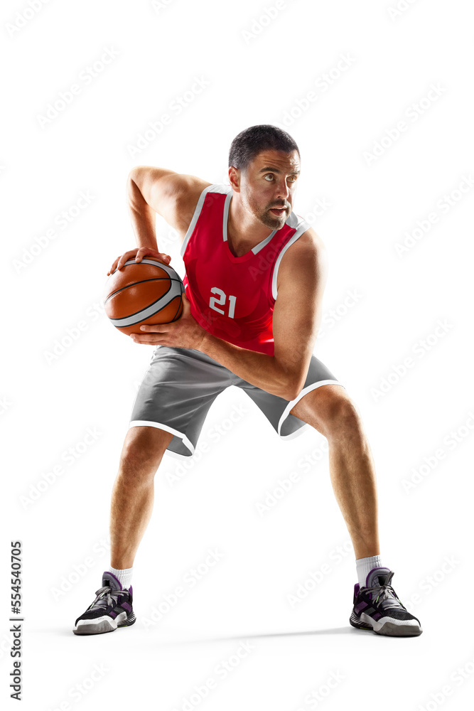 Basketball sport. Professional basketball player preparing to attack. On a white background
