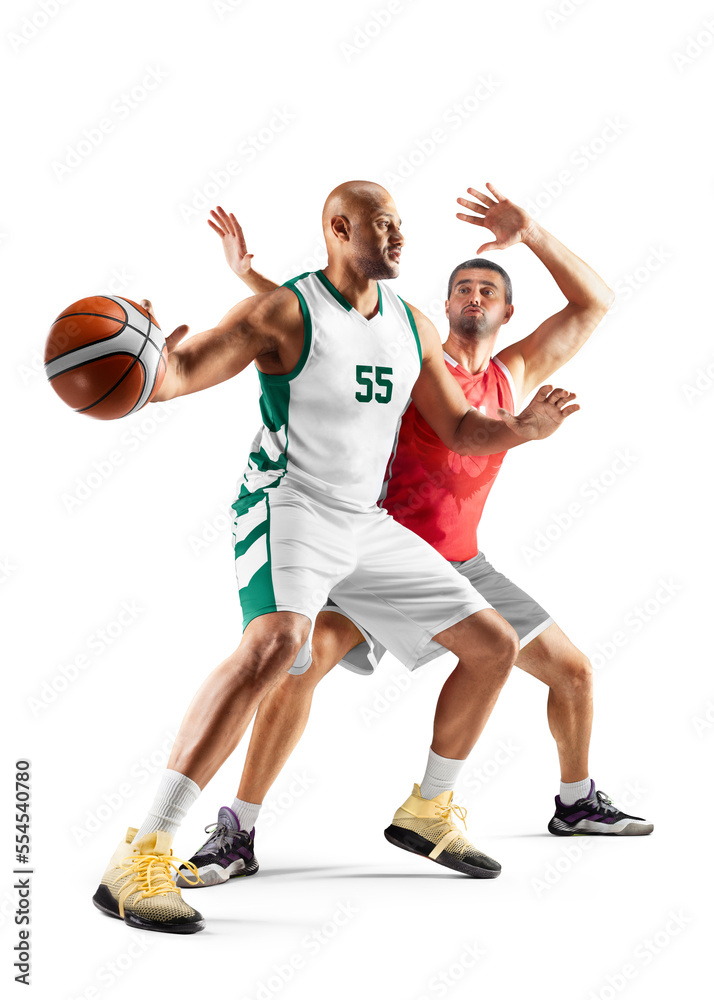 Basketball. Fight for the ball. Two basketball player in motion and action. Sport emotion. Isolated in white
