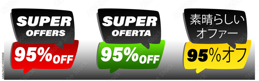 Obraz premium 95% off offer label,promotion for sales,promotional price,special offer,in english,portuguese,and japanese