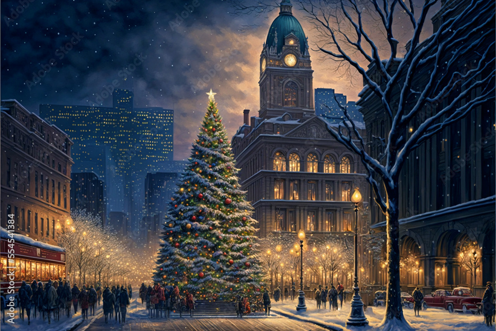City Scene of a Crowd of People Near and Enormous Christmas Tree, Made with Generative AI