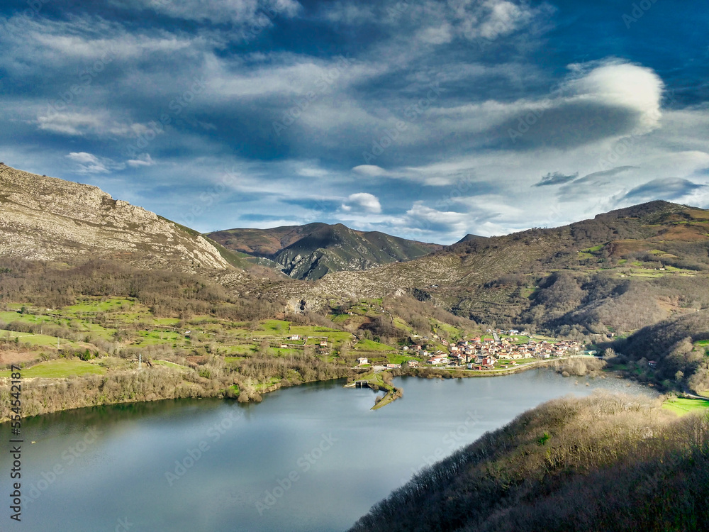 Rioseco village and reservoir, Sobrescobio municipality, Redes Natural Park, Asturias, Spain