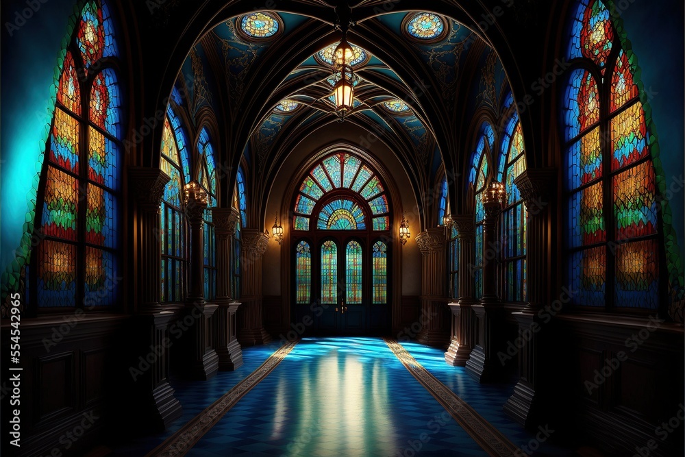 The majestic interior of an old hall with large stained-glass multi-colored windows to the floor. Antique corridor, neon, light through the windows. AI