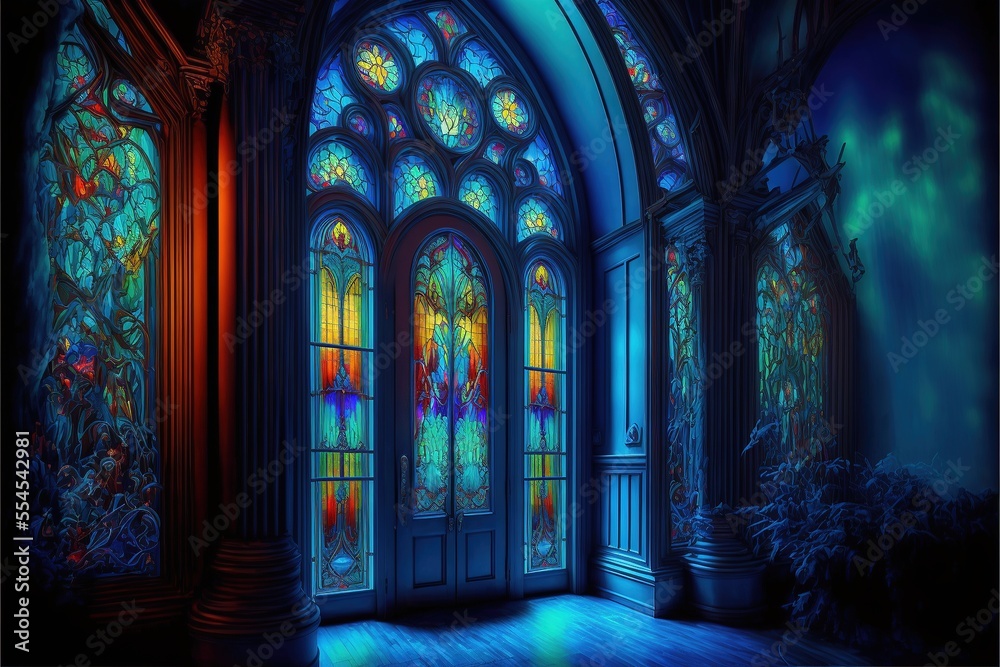 The majestic interior of an old hall with large stained-glass multi-colored windows to the floor. Antique corridor, neon, light through the windows. AI The majestic interior of an old hall with large stained-glass multi-colored windows to the floor. Antique corridor, neon, light through the windows. AI