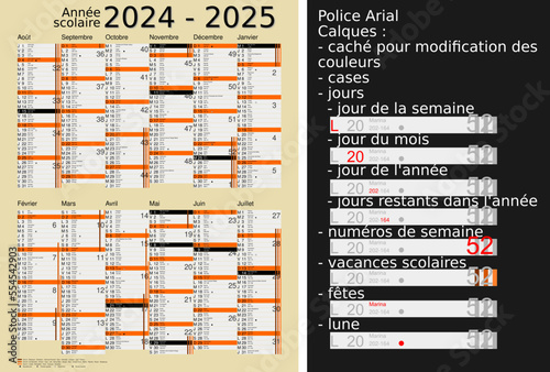 Calendrier scolaire 2023-2024, calques, vacances scolaires, Saints, 12 mois  Stock Vector