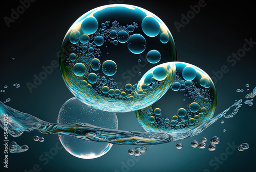 Abstract bubbles in water with a blue backdrop and large air bubbles. Generative AI