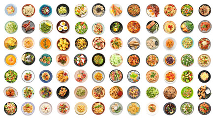 Collection of plates with tasty food on white background