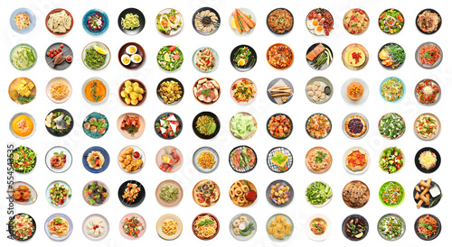 Collection of plates with tasty food on white background