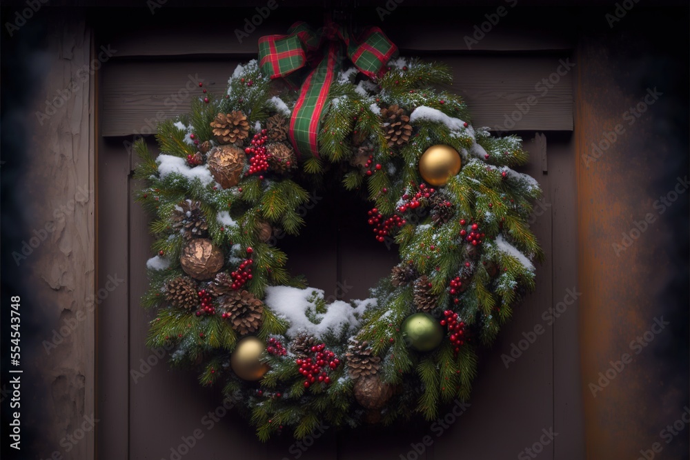 Snowy Christmas wreath with golden red silver green balls on a door and golden ribbons, covered by snow Snowy Christmas wreath with golden red silver green balls on a door and golden ribbons, covered by snow