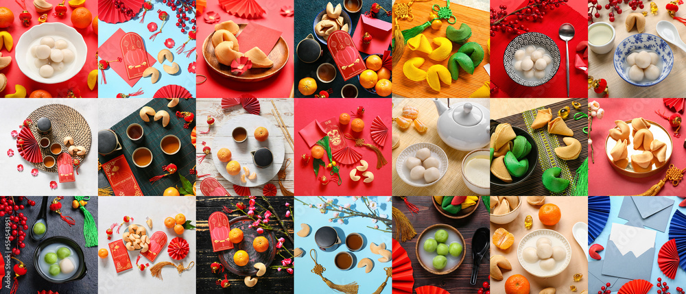 Group of tasty fortune cookies and Chinese symbols on color background