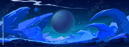 Hand drawn vector space landscape with planets at night.