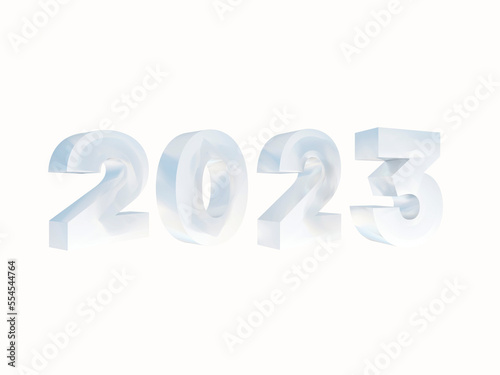 typographic three dimentional glassy date of 2023 new year on white background