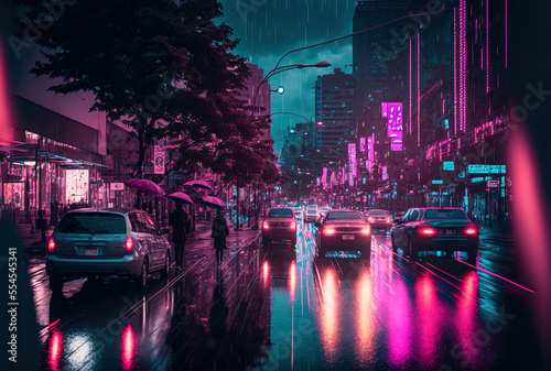 Japan Sapporo, Hokkaido June 08, 2018 Sapporo city at night, with rain and water reflecting off the road, and people strolling and driving cars. Cyberpunk pink and blue light. Generative AI