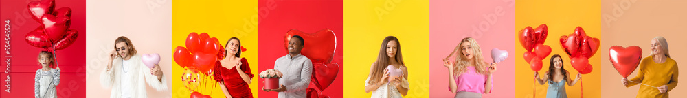 Set of different people with heart-shaped balloons on color background. Valentine's Day celebration Set of different people with heart-shaped balloons on color background. Valentine's Day celebration