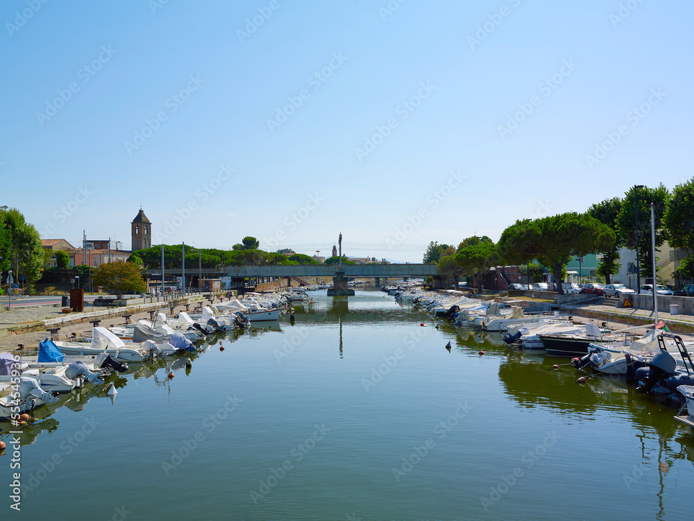 Fototapeta premium View of Rimini sea port with yachts and blue water.