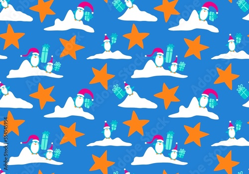 Cartoon winter Christmas seamless penguin pattern for wrapping paper and kids clothes print and fabrics