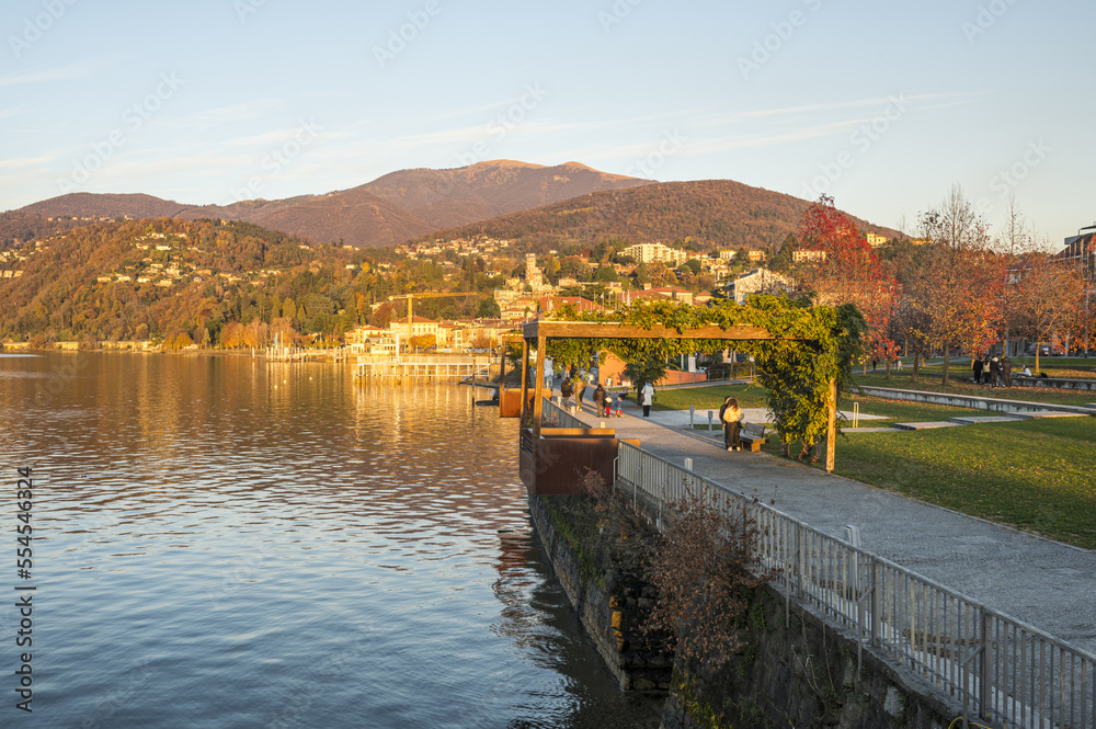 The beautiful lakeside park in Luino in the golden hour