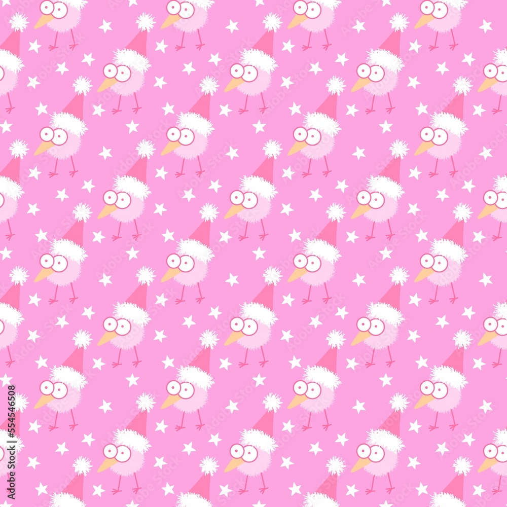 Cartoon Christmas funny animals seamless birds and Santa hat pattern for new year packaging and kids clothes