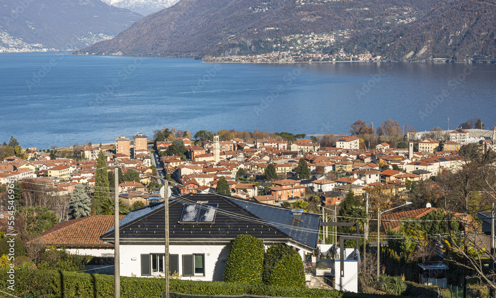 Obraz premium High angle view of Luino and Gernignaga on the Lake Maggiore