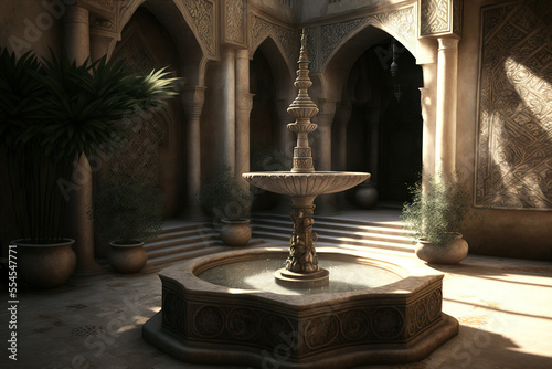 East patio exterior with beautiful stone traditional fountain. Various oriental plants on the walls of the architecture, the atmosphere of the east. Arab antique architecture. AI