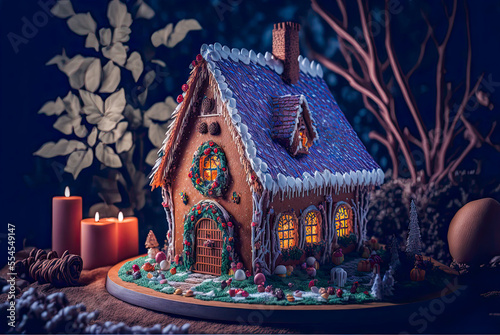 Gingerbread house, candles. Generative AI