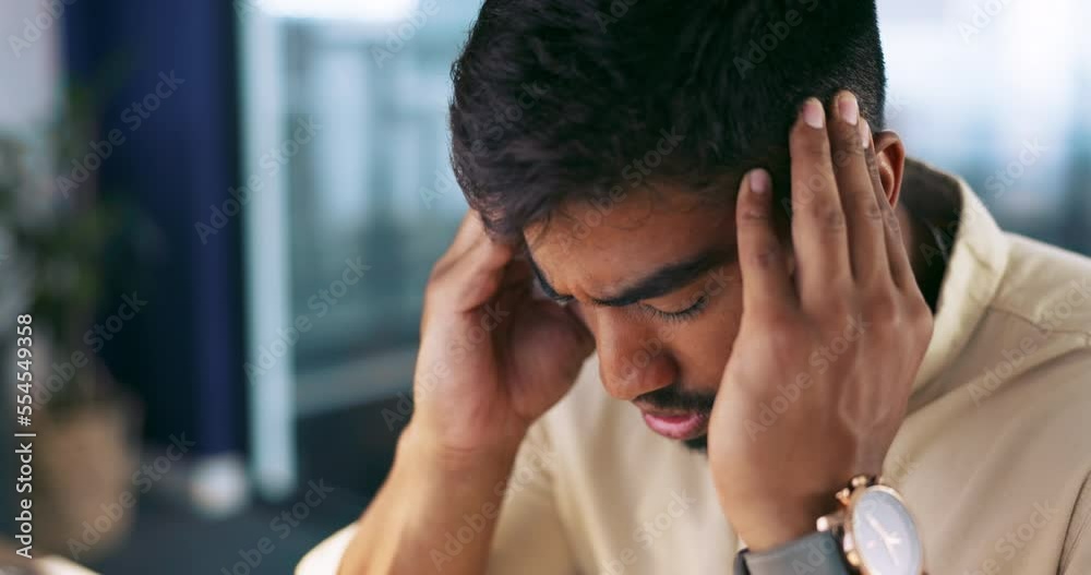 Headache pain, stress anxiety and man with migraine problem, workout burnout and depressed over job mistake. Medical healthcare crisis, mental health depression and businessman sad over career fail