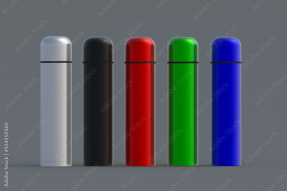 Fototapeta premium Row of thermoses of different colors on dark background. Metallic thermo flasks. 3d rendering