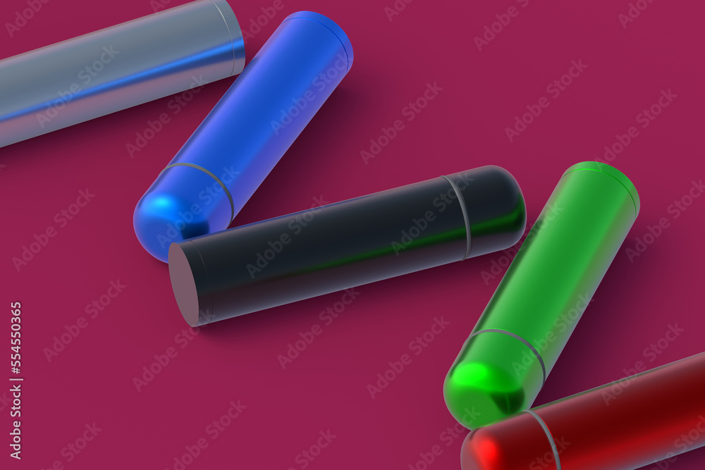Scattered thermoses of different colors on red background. Metallic thermo flasks. 3d rendering