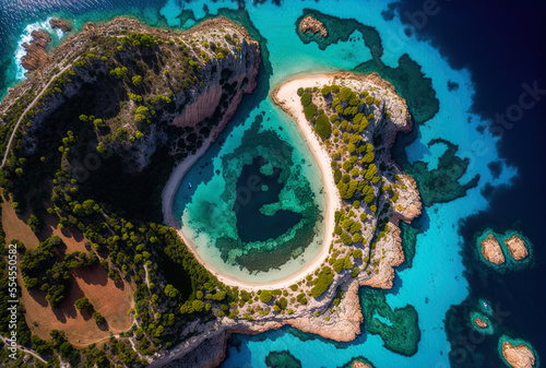 Aerial image of the Spanish island of Mallorca's seashore and Cala Xinxell. Generative AI photo