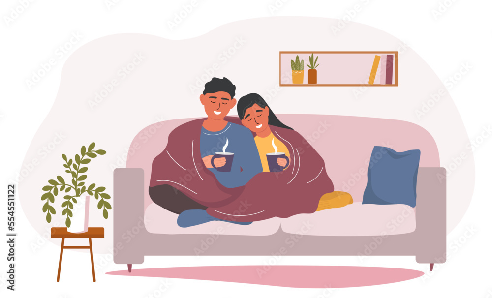 Obraz premium The couple is sitting on the sofa under blanket with a hot drink in their hands. A guy and a girl are resting at home, warming up with tea and coffee. Vector graphics.