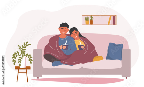 The couple is sitting on the sofa under blanket with a hot drink in their hands. A guy and a girl are resting at home, warming up with tea and coffee. Vector graphics.