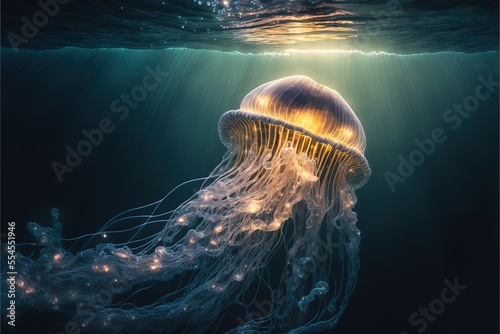 Sea jellyfish on the wave of the ocean. Beautiful, light, colorful jellyfish, neon. Decoration of the underwater world. Sunbeams through the water. AI photo