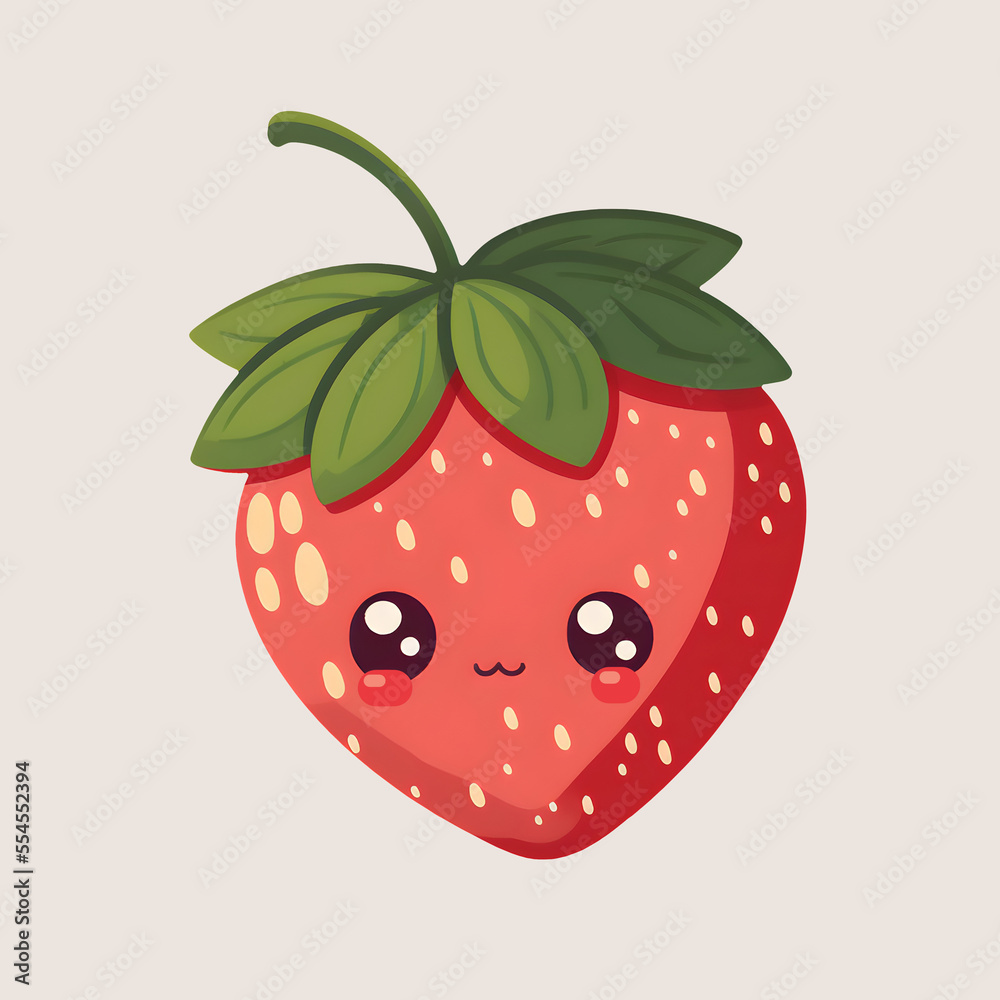 Obraz premium A cute, chubby strawberry with solid-colored graphics. The fruit is shown in a natural, lifelike pose, with its leaves and stem still attached