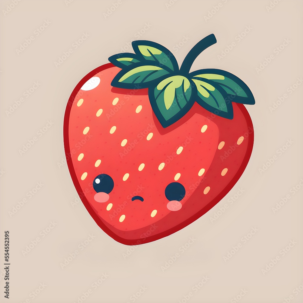 Obraz premium A cute, chubby strawberry with solid-colored graphics. The fruit is shown in a natural, lifelike pose, with its leaves and stem still attached