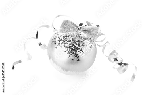 Silver Christmas ball with bow and serpentine on white background