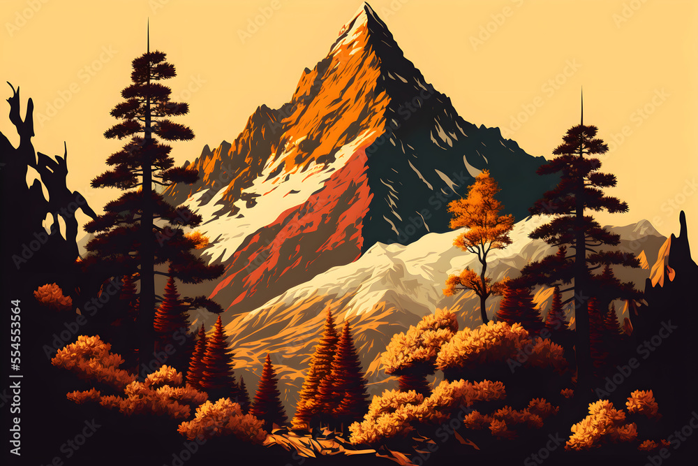 Vector illustration of a high mountain with pine trees and greenery ...