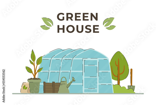 Greenhouse. Cultivate. Vector illustration of agriculture. Vegetable garden. Trees. 