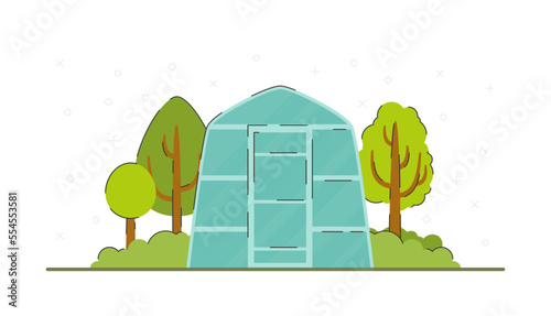 Garden with fruit trees, bushes, flowers. Vector illustration of a household. Greenhouse. 