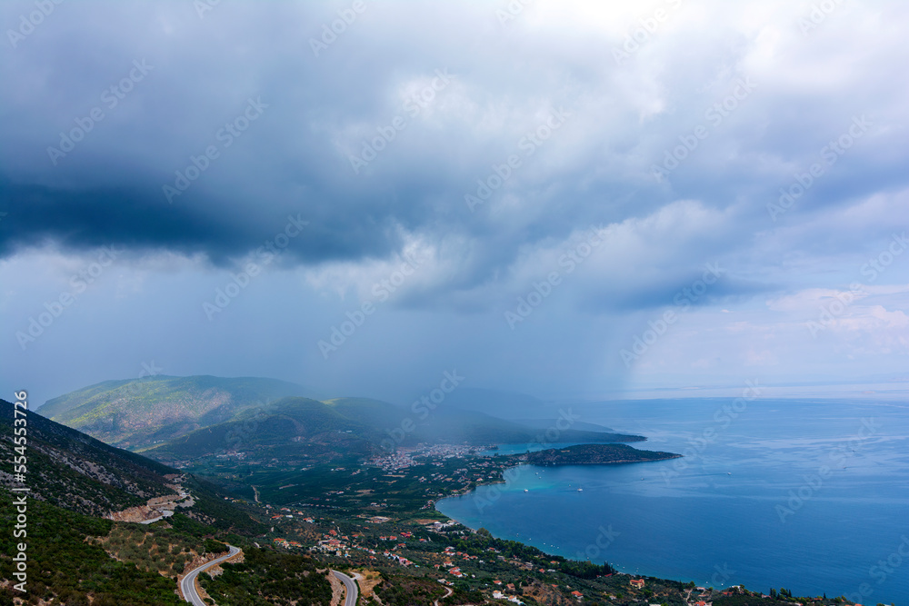 Panoramic view of the Saronic Gulf and the city of Palaia Epidavros on the Peloponnese Peninsula in Greece