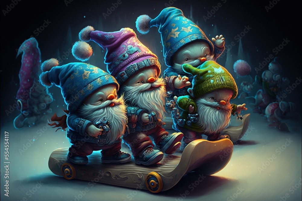 A cheerful company of Dwarfs ride a snowboard in a winter mountain forest. Winter skiing and recreation. AI