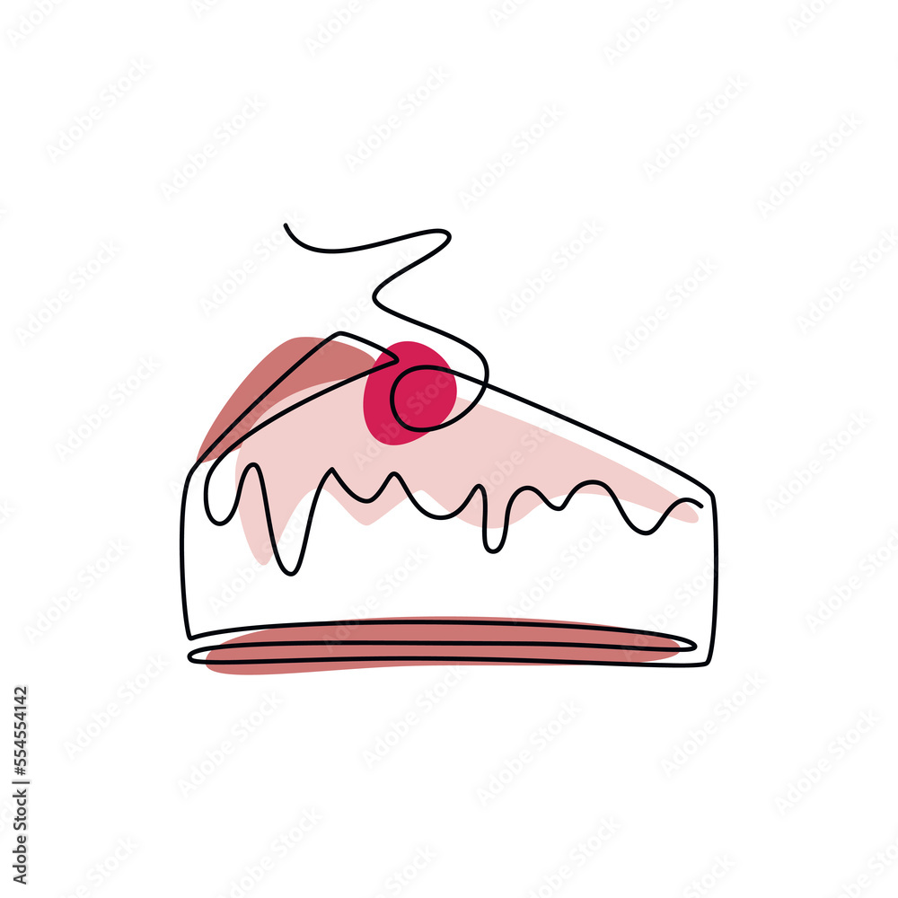 Piece of cake with cherry vector one line continuous drawing illustration. Hand drawn linear silhouette icon. Minimal design element for print, banner, greeting card, brochure. Piece of cake with cherry vector one line continuous drawing illustration. Hand drawn linear silhouette icon. Minimal design element for print, banner, greeting card, brochure.