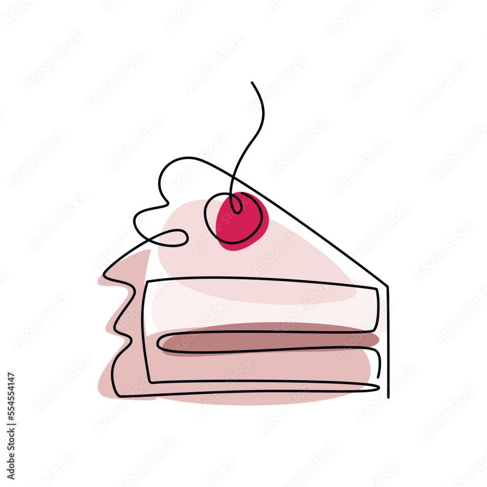 Piece of cake with cherry vector one line continuous drawing ...