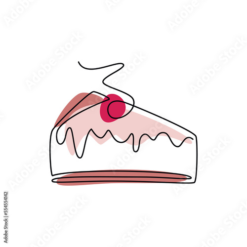 Piece of cake with cherry vector one line continuous drawing illustration. Hand drawn linear silhouette icon. Minimal design element for print, banner, greeting card, brochure.